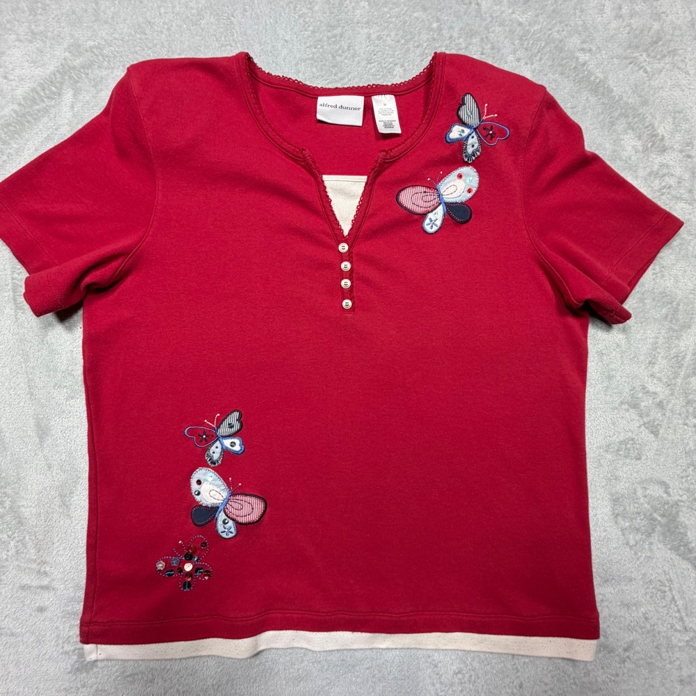 Vintage Alfred Dunner Red Butterfly Embroidered Top Size M 90s Cotton Blend